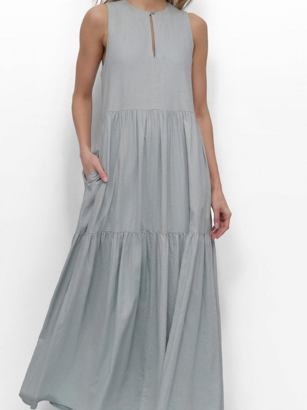 DKNY Jeans Linen Blend Sleeveless Tiered Maxi Dress Mineral S NWT MSRP $159